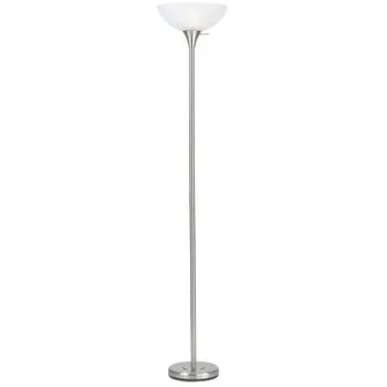 70" Nickel Metal Torchiere Floor Lamp With White Glass Dome Shade