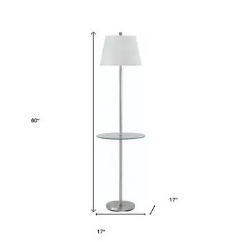 60" Nickel Metal Tray Table Floor Lamp With White Fabric Square Shade