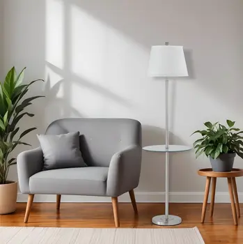 60" Nickel Metal Tray Table Floor Lamp With White Fabric Square Shade