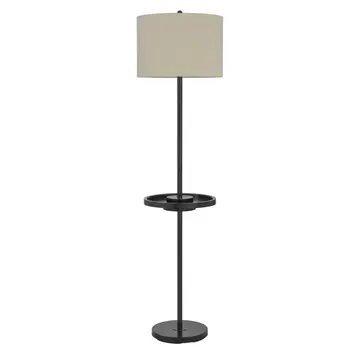 62" Bronze Tray Table Floor Lamp With Beige Drum Shade