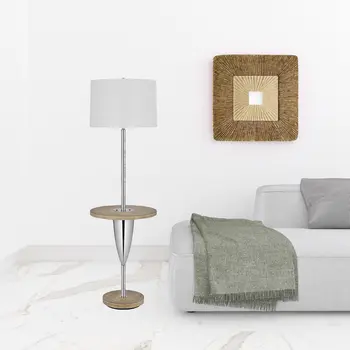 61" Chrome Tray Table Floor Lamp With White Square Shade