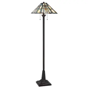 62" Bronze Two Light Traditional Shaped Floor Lamp With Gray and Ivory Abstract Tiffany Glass Empire Shade