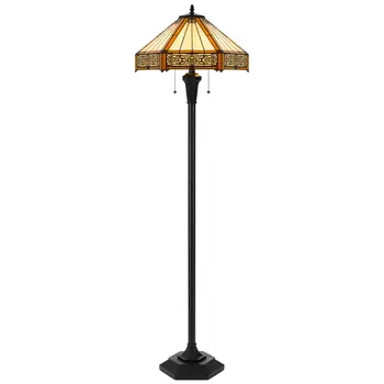 60" Bronze Two Light Traditional Shaped Floor Lamp With Orange and Ivory Abstract Tiffany Glass Empire Shade