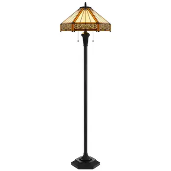60" Bronze Two Light Traditional Shaped Floor Lamp With Orange and Ivory Abstract Tiffany Glass Empire Shade