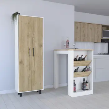 Set of Two Oak and White Wood Kitchen Island And Pantry Cabinet