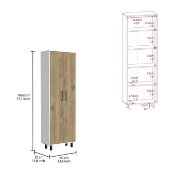 Set of Two Oak and White Wood Kitchen Island And Pantry Cabinet