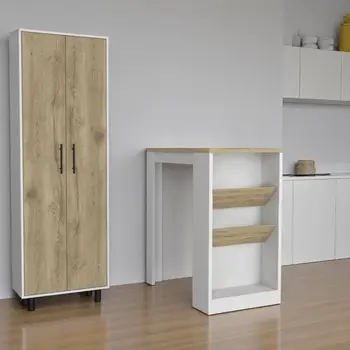 Set of Two Oak and White Wood Kitchen Island And Pantry Cabinet