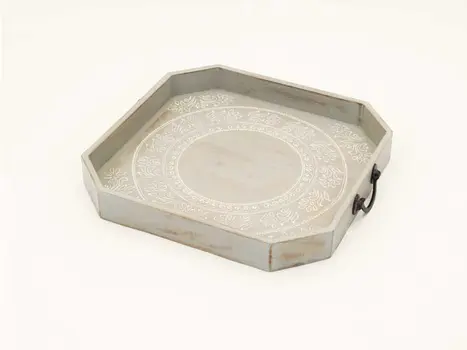 Set Of Two Gray and White Octagon Solid Wood Paisley Handmade Serving Tray With Handles