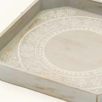 Set Of Two Gray and White Octagon Solid Wood Paisley Handmade Serving Tray With Handles