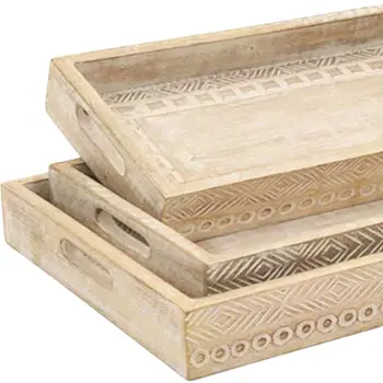 Set of Three White Rectangular Solid Wood Handmade Serving Tray With Handles