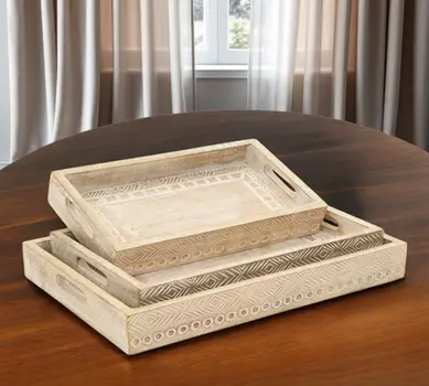 Set of Three White Rectangular Solid Wood Handmade Serving Tray With Handles