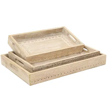 Set of Three White Rectangular Solid Wood Handmade Serving Tray With Handles