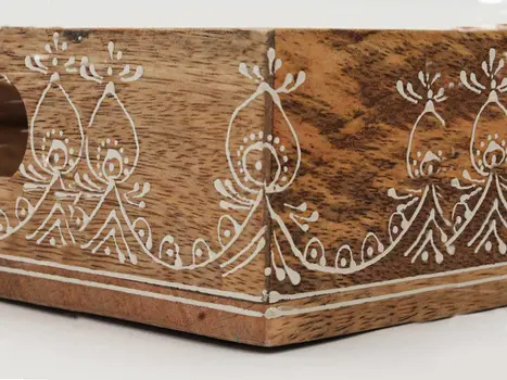 Set of Three Natural Rectangular Solid Wood Floral Handmade Serving Tray With Handles