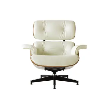35" Beige and Dark Brown Genuine Leather Tufted Swivel Lounge Chair With Ottoman