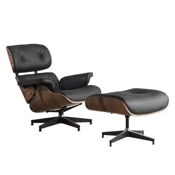 35" Black and Brown Genuine Leather Tufted Swivel Lounge Chair With Ottoman