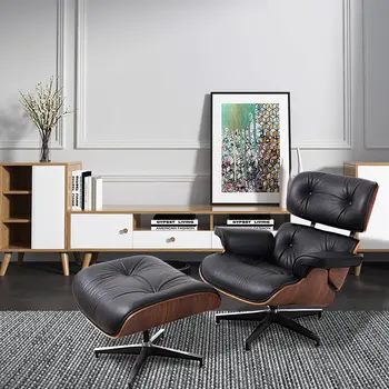35" Black and Brown Genuine Leather Tufted Swivel Lounge Chair With Ottoman