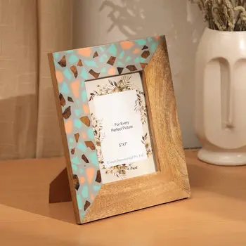 5" x 7" Gray And Natural Faux Terrazzo Resin And Solid Wood Tabletop Picture Frame