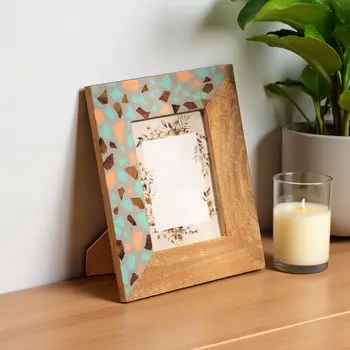 5" x 7" Gray And Natural Faux Terrazzo Resin And Solid Wood Tabletop Picture Frame