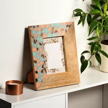 4" x 6" Gray And Natural Faux Terrazzo Resin And Solid Wood Tabletop Picture Frame