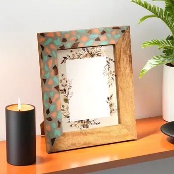 8" x 10" Gray And Natural Faux Terrazzo Resin And Solid Wood Tabletop Picture Frame