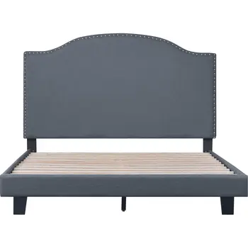 Gray Upholstered King Bed Frame with Nailhead Trim