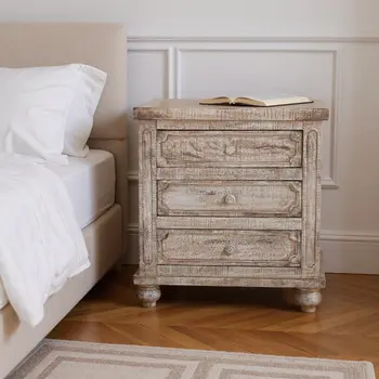 31" Brown Solid Wood Three Drawer Nightstand