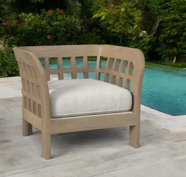 32" Light Brown Solid Wood Outdoor Arm Chair with Ivory Cushion
