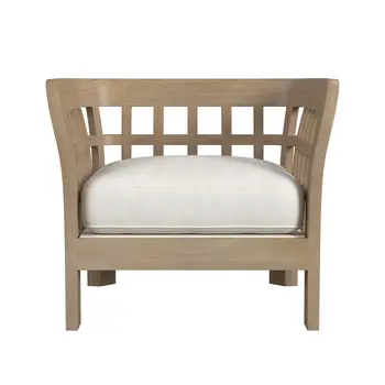32" Light Brown Solid Wood Outdoor Arm Chair with Ivory Cushion