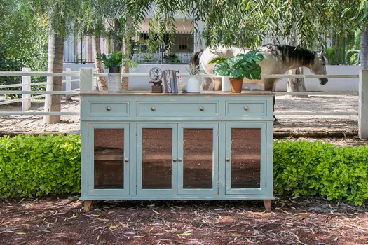 70" Green Solid and Manufactured Wood Distressed Credenza