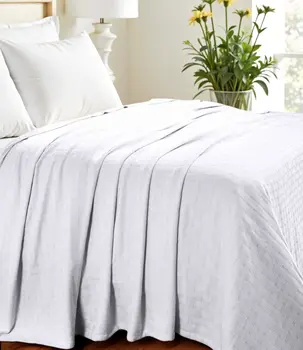 Queen White Cotton Basketweave Geometric Blanket