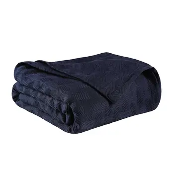 King Navy Blue Cotton Basketweave Geometric Blanket