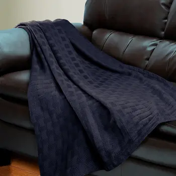 King Navy Blue Cotton Basketweave Geometric Blanket