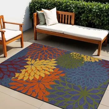 4' X 6' Blue Yellow and Green Indoor Outdoor Area Rug