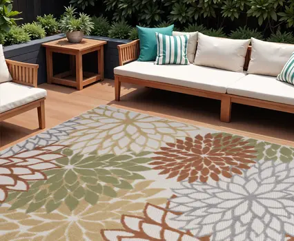 6' X 9' Ivory Green And Blue Indoor Outdoor Area Rug