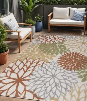 5' X 7' Ivory Green And Blue Indoor Outdoor Area Rug