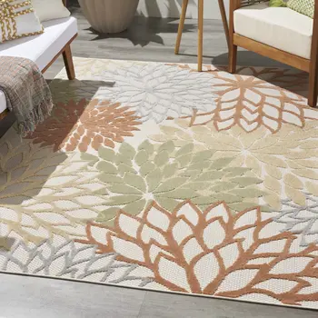 5' X 7' Ivory Green And Blue Indoor Outdoor Area Rug