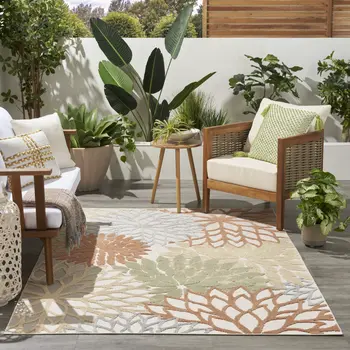 5' X 7' Ivory Green And Blue Indoor Outdoor Area Rug