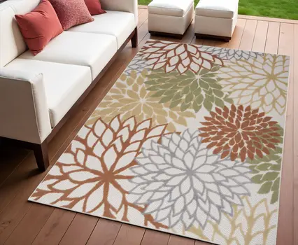 4' X 6' Ivory Green And Blue Indoor Outdoor Area Rug