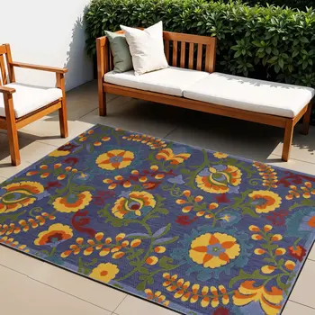 4' X 6' Blue Yellow And Green Indoor Outdoor Area Rug