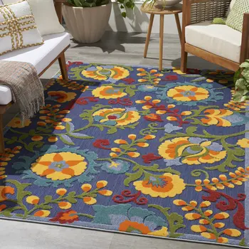 5' X 7' Blue Yellow And Green Indoor Outdoor Area Rug
