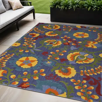 5' X 7' Blue Yellow And Green Indoor Outdoor Area Rug
