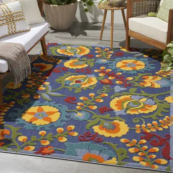 5' X 7' Blue Yellow And Green Indoor Outdoor Area Rug