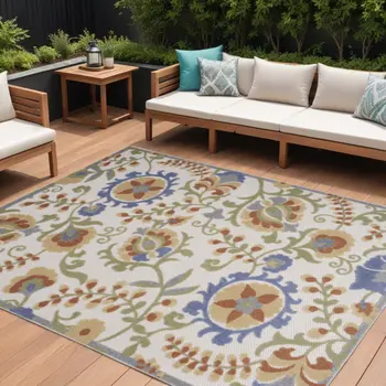 6' X 9' Ivory And Blue Indoor Outdoor Area Rug