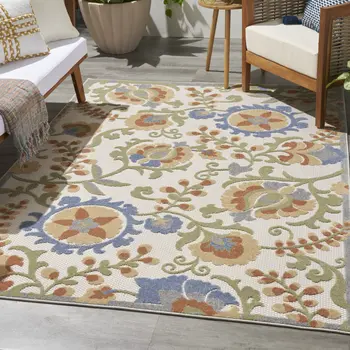 5' X 7' Ivory And Blue Indoor Outdoor Area Rug