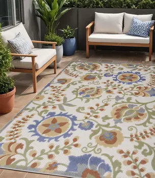 5' X 7' Ivory And Blue Indoor Outdoor Area Rug