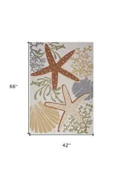 4' X 6' Ivory Orange And Blue Indoor Outdoor Area Rug