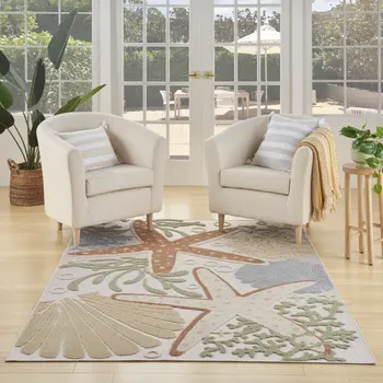 4' X 6' Ivory Orange And Blue Indoor Outdoor Area Rug