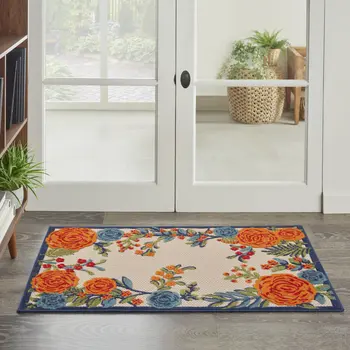 3' X 4' Ivory Orange and Blue Floral Indoor Outdoor Area Rug