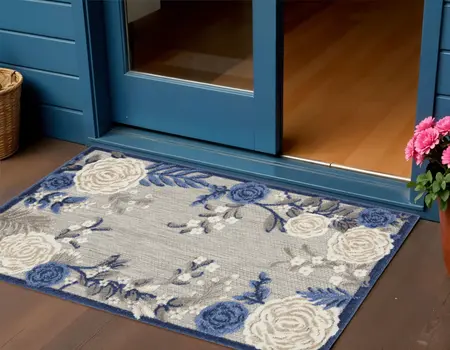 3' X 4' Blue and Gray Floral Indoor Outdoor Area Rug