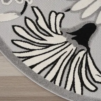 8' Black and White Round Floral Indoor Outdoor Area Rug